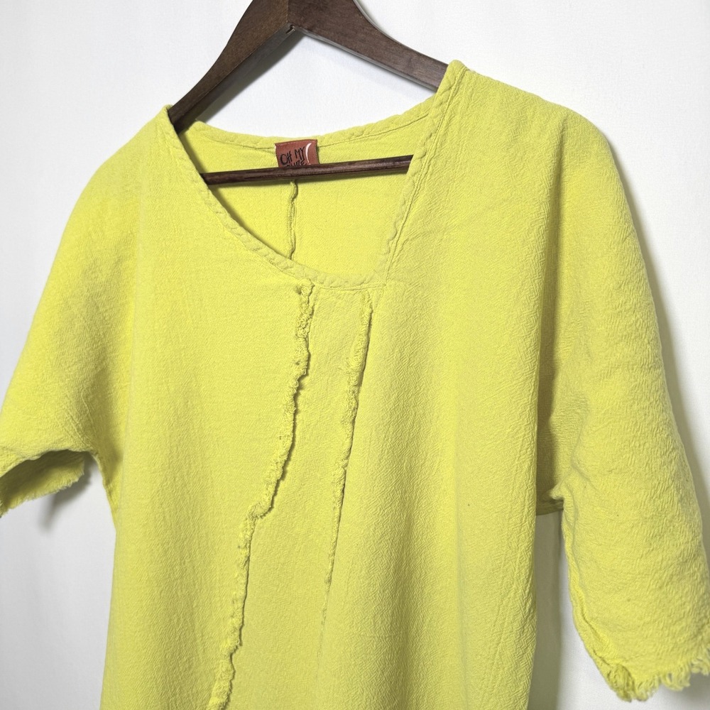 Oh My Gauze Green Chartreuse Cotton Asymmetrical Frayed Hem Top Womens M/L